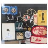 old pins,patches, cufflinks, scissor sharpener
