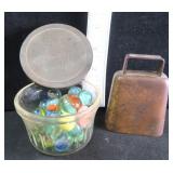 $16 SHIP: OLD Marbles, Jelly Jar and Goat Bell