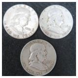 Three (3) Silver Franklin Half Dollars $82.32 Melt