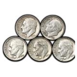 Five (5) Roosevelt Dime Silver United States Coins