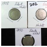 Three (3) Liberty "V" Nickels incl. 1890, 1908