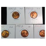 Five (5) Mint State Red 1973-D One Cents
