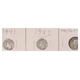 Three Silver Mercury Dimes, $16.59 Melt Value