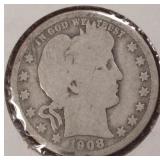 1908 Silver Barber Quarter