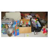 Table Lot: Pet Stuff and Cleaning Supplies, Pots