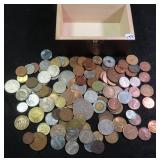 Foreign Coins in Mini Treasure Chest of Wood