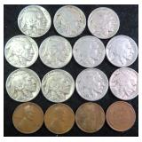 Eleven (11) Buffalo Nickels and Four (4) Wheat