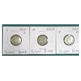 Three (3) 1950-D Silver Dimes, $15.75 Melt Value