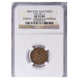 1863 Civil War Token Indian/Cannons NGC AU-55 BN
