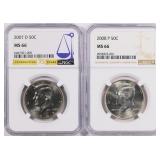 2007-D & 2008-P Kennedy Half $ NGC MS-66 (2 Coins)