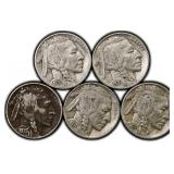 Five (5) Buffalo Nickel 5 Cent United States Coins