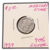 1939 Silver Mercury Dime, $5.49 Melt Value 5-20-26
