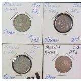 Four (4) Silver 1950's Mexican 25 Centavos