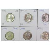 SIX (6) 1940's Silver Washington Quarters
