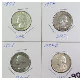 Four (4) Silver 1950's Washington Quarters