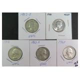 Five (5) Silver 1960's Washington Quarters