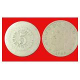 TWO (2) Five Cents: 1903 "V" and Shield (No Date)
