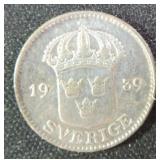 Silver Sweden 1939 25 Ore Coin