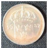 SILVER 1937 Sweden 10 Ore Coin