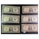 SIX (6) 1957 Blue Seal Silver Certificates