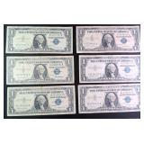 SIX (6) 1957 Blue Seal Silver Certificates