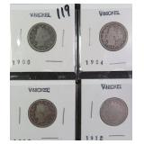 Four (4) "V" Nickels, Date Range 1900-1912
