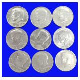 Nine (9) Kennedy Half Dollars, Clad