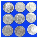 Nine (9) Kennedy Half Dollars, Clad