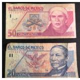 Late 1990's Bank of Mexico 20 & 50 Pesos Notes
