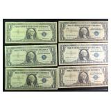 SIX (6) 1957 Blue Seal Silver Certificates, Random