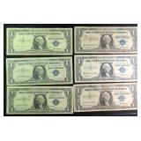 SIX (6) 1957 Blue Seal Silver Certificates, Random