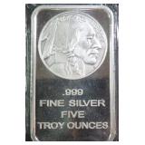 Indian Five Troy Ounce .999 Fine Silver Bar