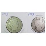 TWO (2) Silver 1902 Barber Half Dollars
