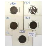 Five (5) Indian Head Cents: 1905,1906,1907,1909