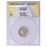 1938 Mercury Dime ANACS VF-30 Details
