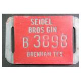 Old Metal Cotton Bale Tag from Seidel Bros Gin in