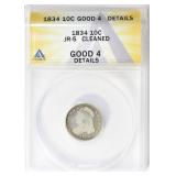 1834 Capped Bust Dime JR-5 ANACS G-04 Details
