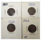 Four (4) Indian Head Cents (1900,1902,1903,1904)