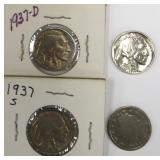 Four (4) Five Cents incl. 1937-S, 1937-D,