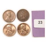 Four (4) One Cents incl. Indian Head (1907)