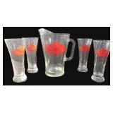 Pearl Beer Pitcher with (4) Four Pilsner Glasses