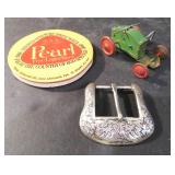 Belt Buckle, Tin Toy and Pearl Coaster, $14 SHIP