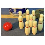 Toy bowling pins and ball, plastic.