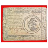 1775 Authentic $3 Continental Currency Banknote
