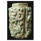 Mottled Green Jade Carving (Cong)  with Dragons