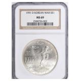 SILVER 1991-D Korean War Silver Dollar NGC MS-69