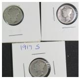 Three 1917 Silver Mercury Dimes: P-D-S