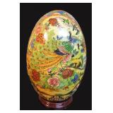 Large Satsuma Style Egg, 13"H Porcelain Peacock