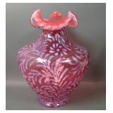 Fenton Cranberry Opal Daisy & Fern Bulbous Vase