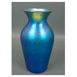 Signed Quezal Blue Iridised Art Glass Vase